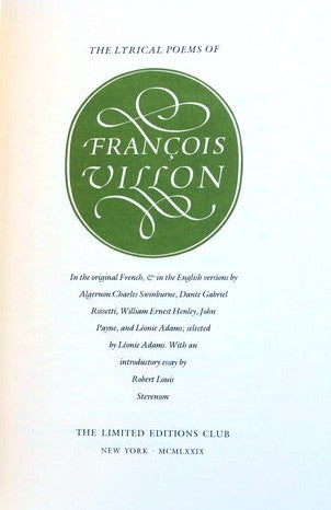 Item #005444 THE LYRICAL POEMS OF FRANCOIS VILLON. Francois VILLON.