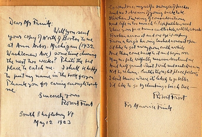 Item #010226 NORTH OF BOSTON with an AUTOGRAPH LETTER SIGNED and a 14-line MANUSCRIPT FRAGMENT OF "BIRCHES" by Frost. Robert FROST.