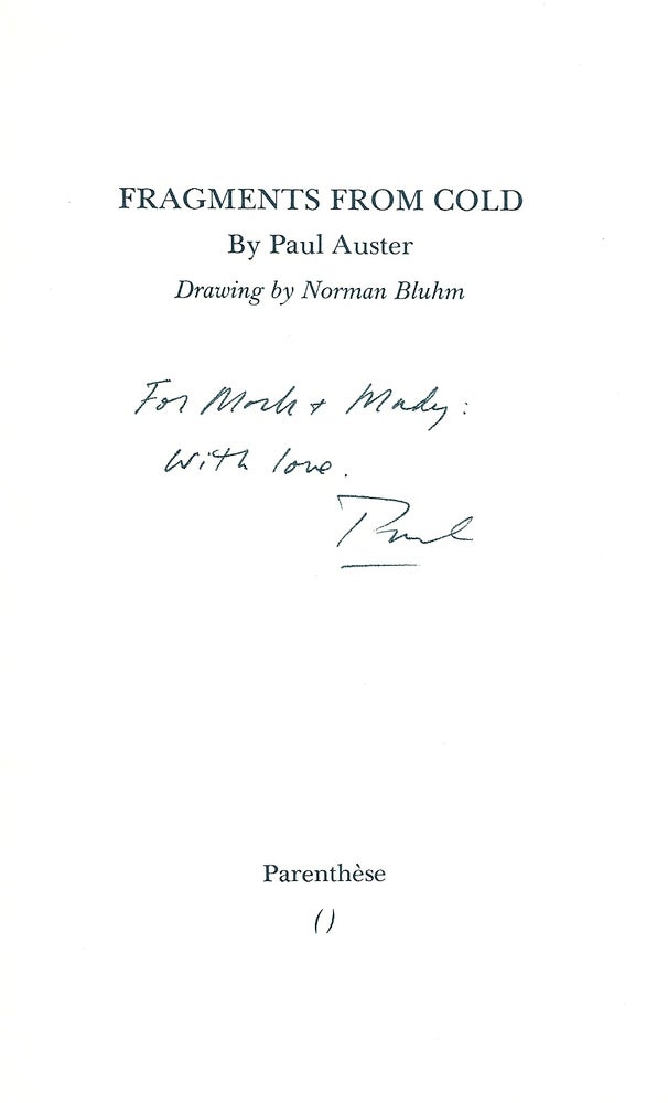 Item #012529 FRAGMENTS FROM COLD. Paul AUSTER.