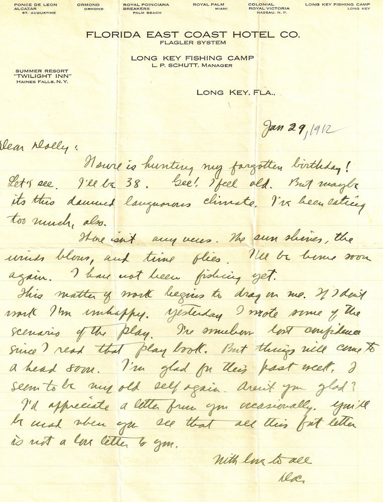 Item #014025 AUTOGRAPH LETTER SIGNED (ALS) to his wife. Zane GREY.