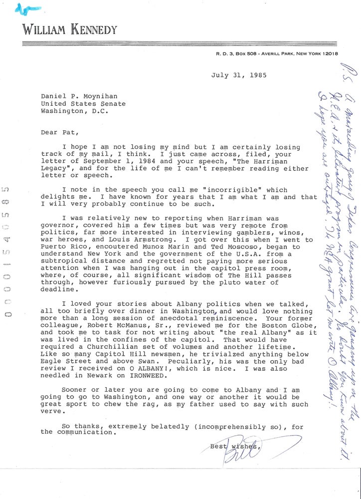 Item #014033 ARCHIVE consisting of 1 AUTOGRAPH LETTER SIGNED (ALS) and 4 TYPED LETTERS SIGNED (TLSs) to Senator Daniel Patrick Moynihan. William KENNEDY.