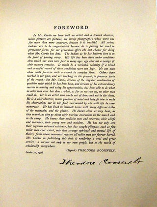 Item #017816 DOCUMENT SIGNED [Foreword from Curtis's THE NORTH AMERICAN INDIAN]. Theodore...
