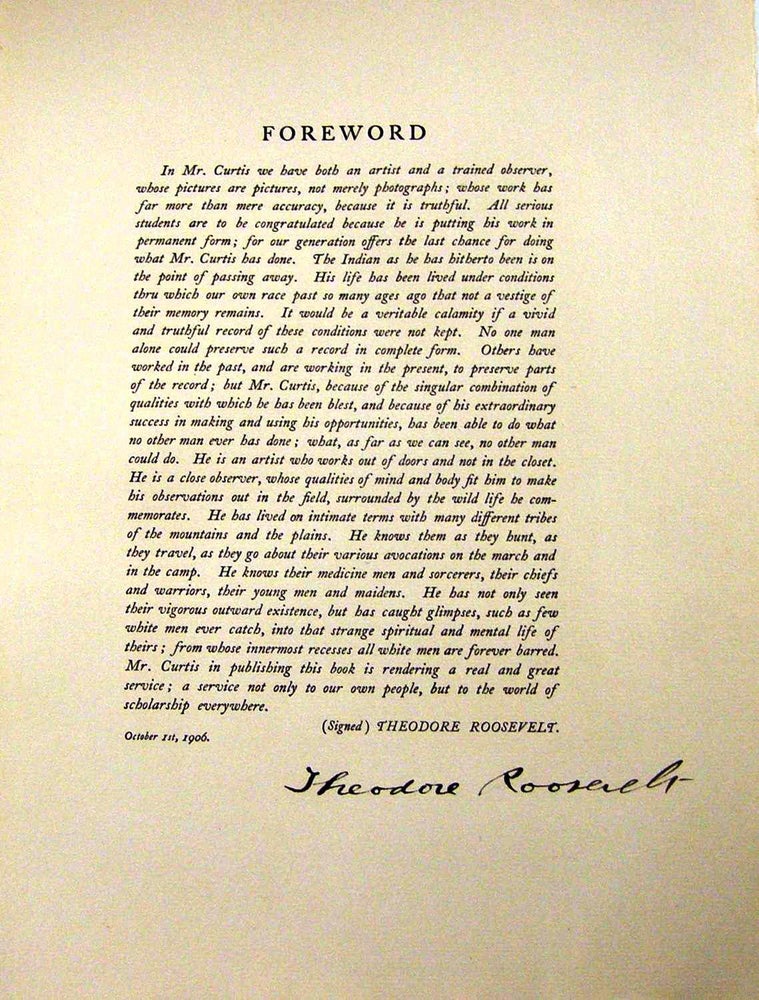 Item #017816 DOCUMENT SIGNED [Foreword from Curtis's THE NORTH AMERICAN INDIAN]. Theodore ROOSEVELT, Teddy, Edward CURTIS.