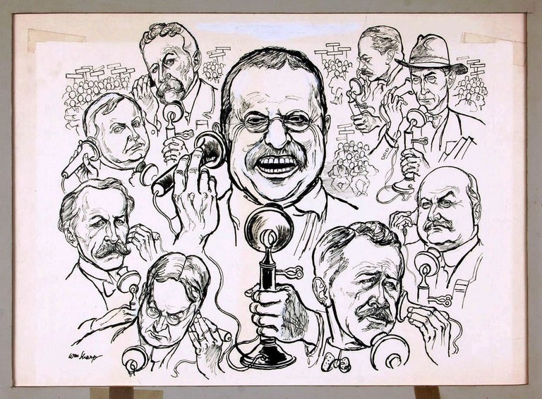 Item #017817 ORIGINAL PEN AND INK DRAWING TITLED "TR ON THE TELEPHONE" Theodore ROOSEVELT, William SHARP.
