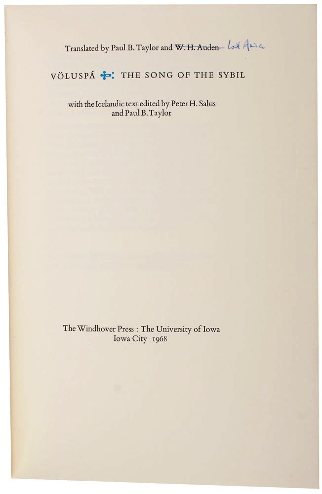 Item #017955 VOLUSPA: THE SONG OF THE SYBIL. W. H. AUDEN, Paul B. TAYLOR.