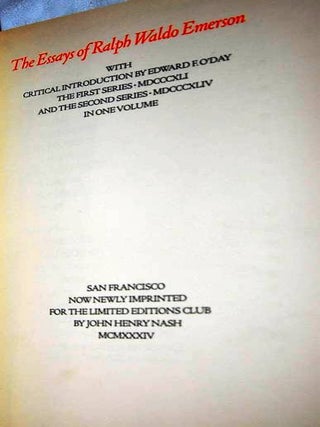 Item #018218 THE ESSAYS OF RALPH WALDO EMERSON. Ralph Waldo EMERSON