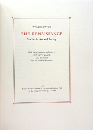 Item #018913 THE RENAISSANCE. STUDIES IN ART AND POETRY. Walter PATER