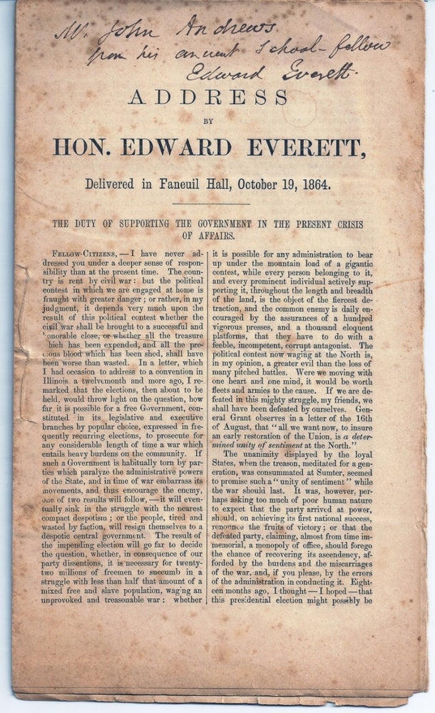 Item #019013 ADDRESS BY HON. EDWARD EVERETT, DELIVERED IN FANEUIL HALL, OCT. 19, 1864. Edward EVERETT.