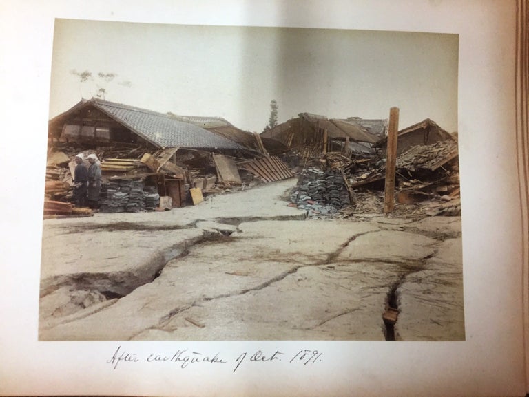 Item #019216 MEIJI PERIOD PHOTO ALBUM with 50 Hand-Colored Albumen Photographs Including the Aftermath of the Great Earthquake of 1891. JAPAN.