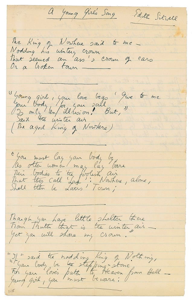 Item #019403 AUTOGRAPH MANUSCRIPT SIGNED (AMS): "A Young Girl's Song" Edith SITWELL.