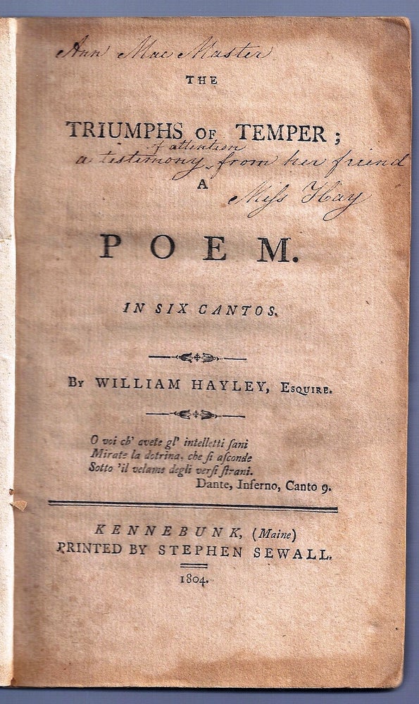 Item #019558 THE TRIUMPHS OF TEMPER; A POEM. IN SIX CANTOS. William HAYLEY.