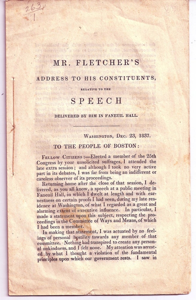 Item #019674 MR. FLETCHER'S ADDRESS TO HIS CONSTITUENTS, RELATIVE TO THE SPEECH DELIVERED BY HIM IN FANEUIL HALL. Richard FLETCHER.