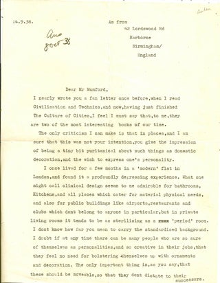 TYPED LETTER SIGNED (TLS) to Lewis Mumford; Auden Writes a Fan Letter to Lewis Mumford. W. H. AUDEN.