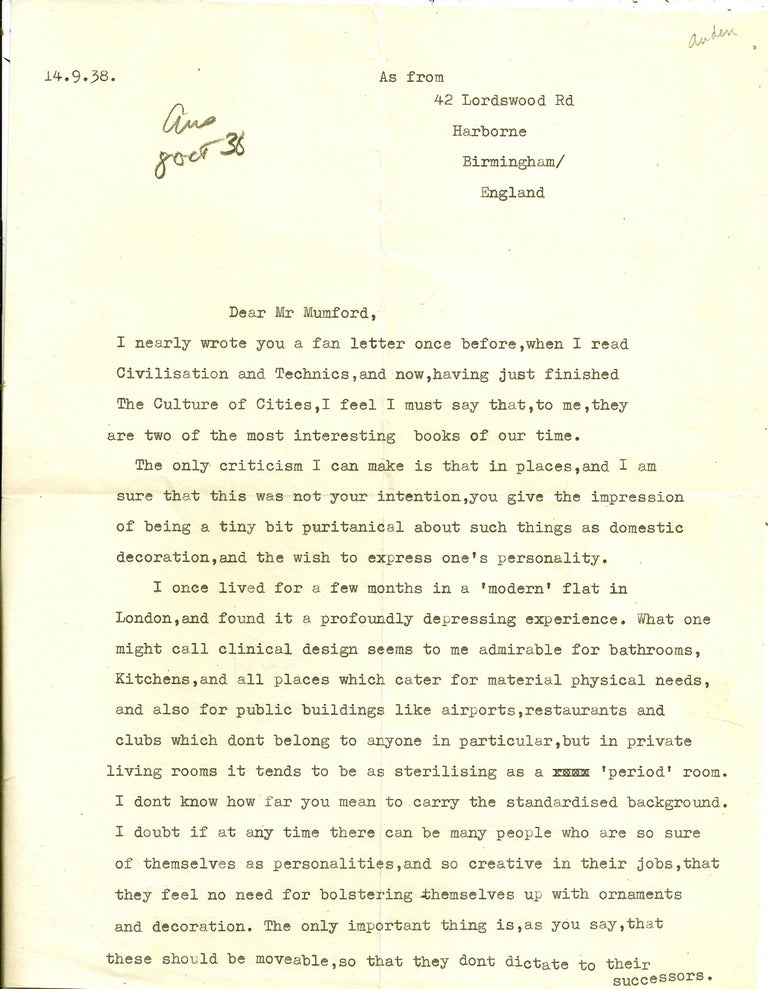 Item #019981 TYPED LETTER SIGNED (TLS) to Lewis Mumford; Auden Writes a Fan Letter to Lewis Mumford. W. H. AUDEN.