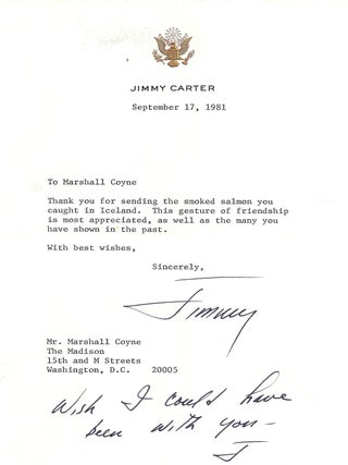 Item #020435 TYPED LETTER SIGNED (TLS) with Holograph Postscript. Jimmy CARTER