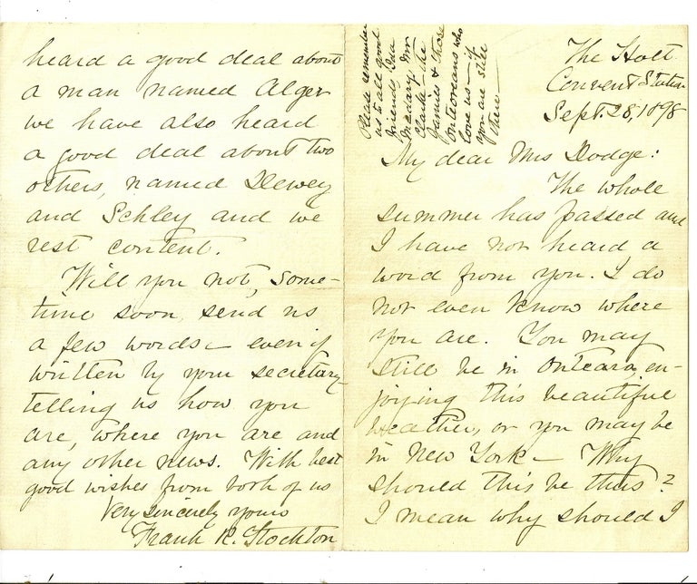 Item #020644 AUTOGRAPH LETTER SIGNED (ALS) to Mary Mapes Dodge. Frank R. STOCKTON.