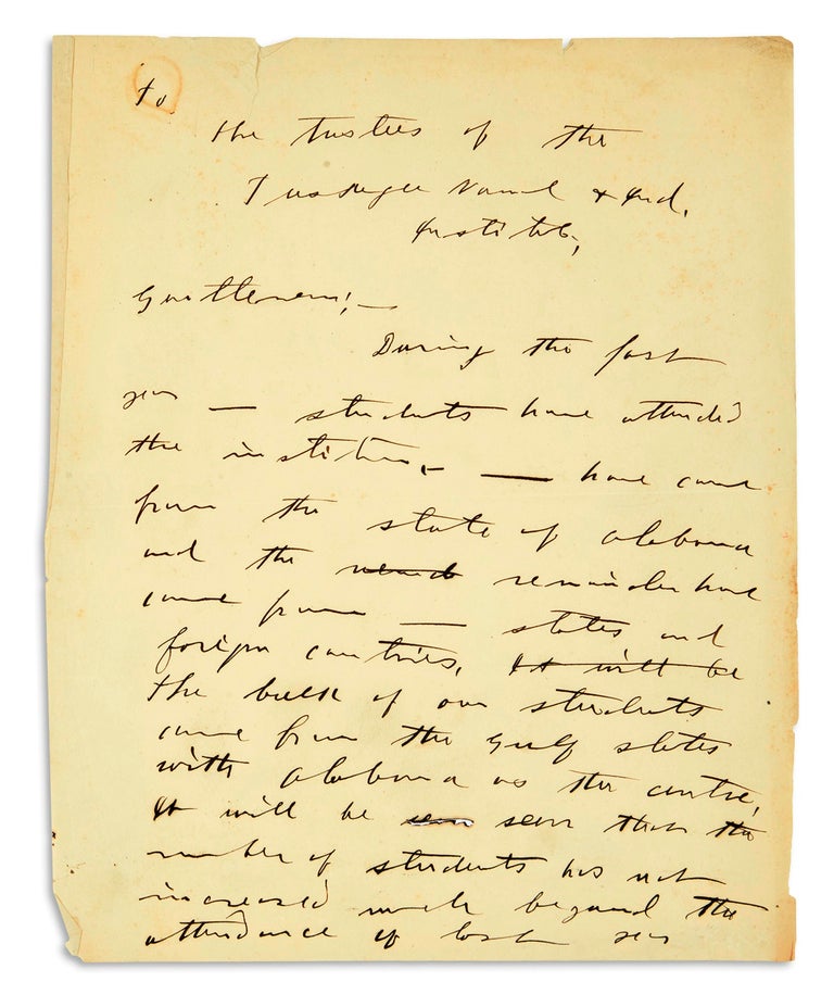 Item #020851 MANUSCRIPT DRAFT OF HIS ANNUAL REPORT TO THE TRUSTEES OF THE TUSKEGEE INSTITUTE with AUTOGRAPH LETTER SIGNED. Booker T. WASHINGTON.