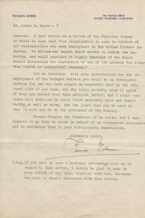 TYPED LETTER SIGNED (TLS) to Louis B. Mayer of MGM. Thomas MANN.