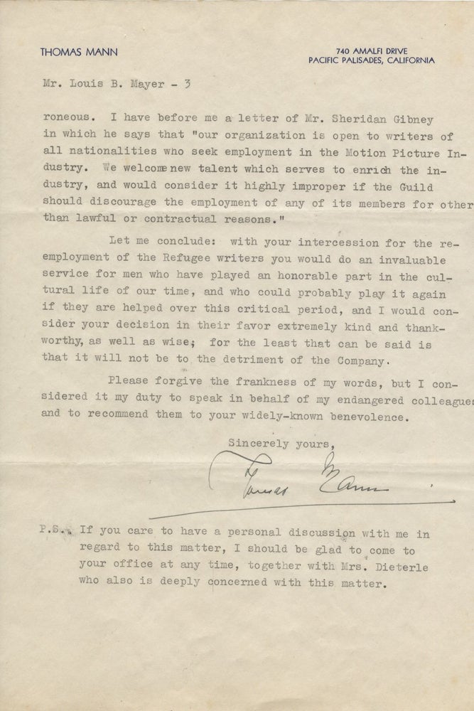 Item #020957 TYPED LETTER SIGNED (TLS) to Louis B. Mayer of MGM. Thomas MANN.
