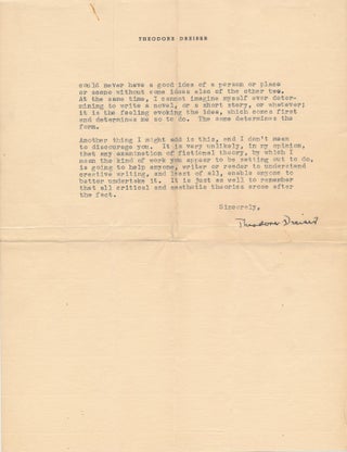 Item #020963 TYPED LETTER SIGNED (TLS) on Writing Fiction. Theodore DREISER