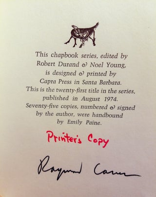 Item #021245 PUT YOURSELF IN MY SHOES (Number 21 of the YES! CAPRA CHAPBOOK SERIES). Raymond CARVER