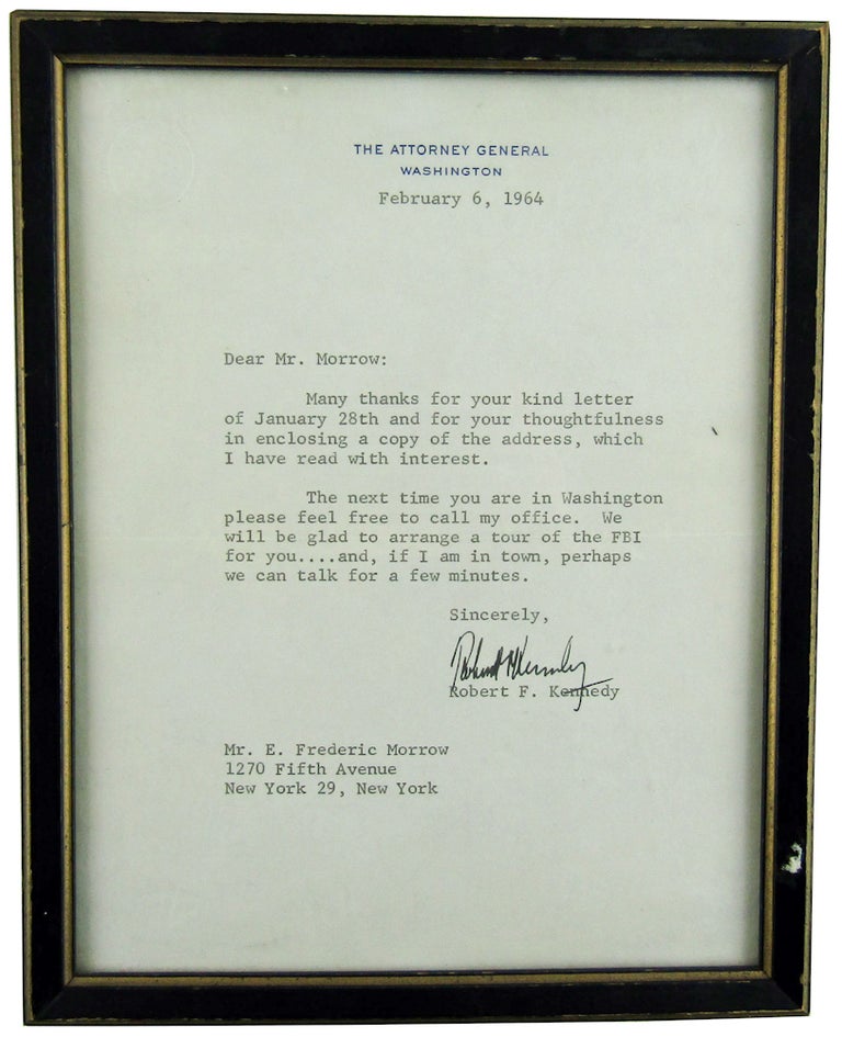 Item #021301 TYPED LETTER SIGNED (TLS) to the First African American to Serve as a Policy-making Aide in the White House. Robert F. KENNEDY.