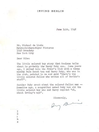 Item #021565 TYPED LETTER SIGNED (TLS) on the Rumor that a "Colored Boy" Wrote His Songs. Irving...