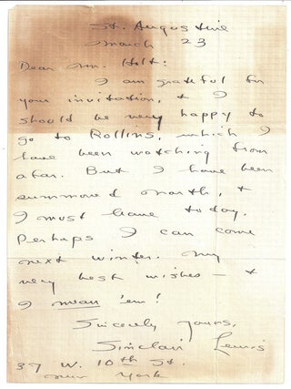 Item #022139 AUTOGRAPHED LETTER SIGNED (ALS). Sinclair LEWIS