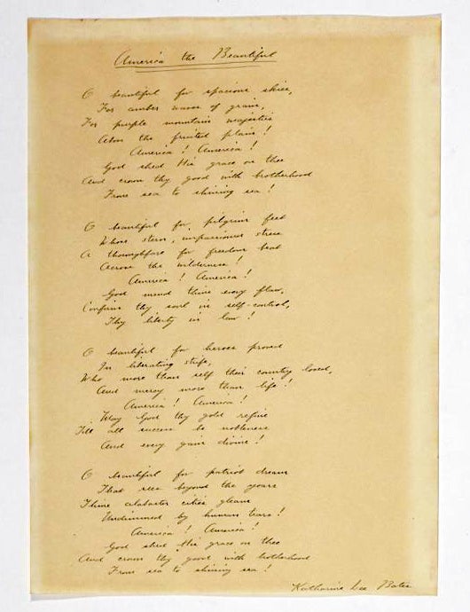 Item #022475 AUTOGRAPH MANUSCRIPT SIGNED (AMS): AMERICA THE BEAUTIFUL; "O BEAUTIFUL FOR SPACIOUS SKIES, FOR AMBER WAVES OF GRAIN". Katharine Lee BATES.