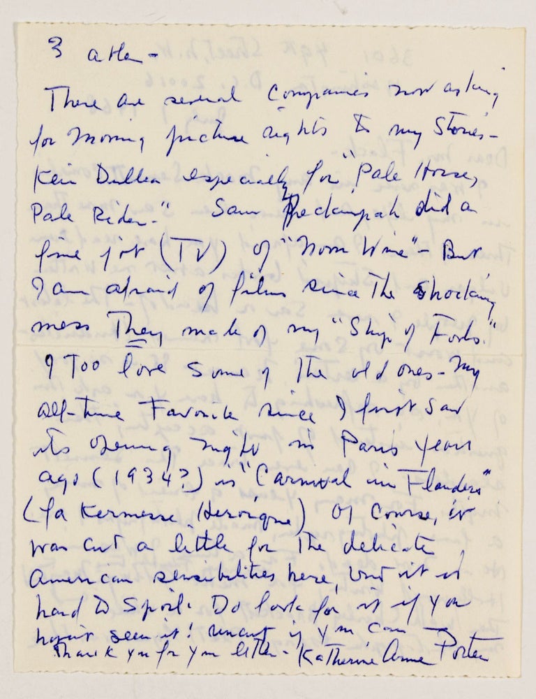 Item #022532 AUTOGRAPH LETTER SIGNED (ALS) Addressing Rumors and Mentioning Titles of her Books. Katherine Anne PORTER.