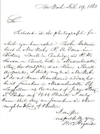 Item #022535 AUTOGRAPH LETTER SIGNED (ALS) Listing Fellow 19th Century Luminaries. William Cullen...