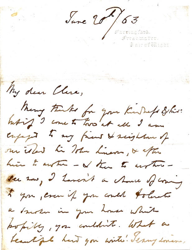 Item #022537 AUTOGRAPH LETTER SIGNED to his Cousin. Alfred Lord TENNYSON.