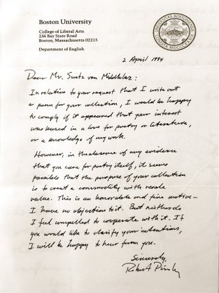 Item #022561 AUTOGRAPH LETTER SIGNED (ALS). Robert PINSKY
