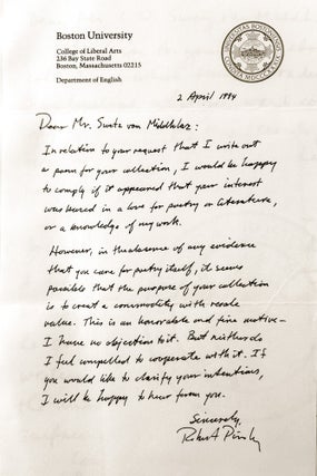 Item #022561 AUTOGRAPH LETTER SIGNED (ALS). Robert PINSKY