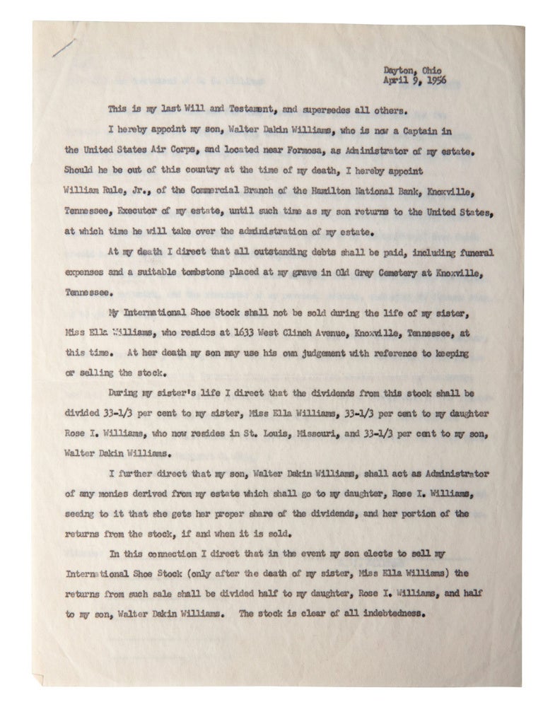 Item #022610 LAST WILL AND TESTAMENT. Tennessee WILLIAMS, Cornelius Coffin WILLIAMS.