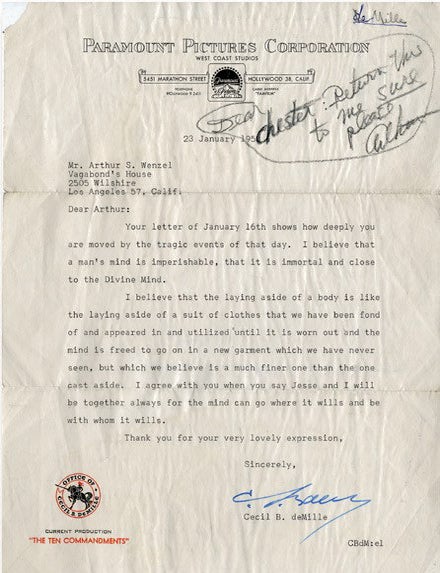 Item #022617 TYPED LETTER SIGNED (TLS) on the Death of Jesse Lasky and the Afterlife. Cecil B. DeMILLE.