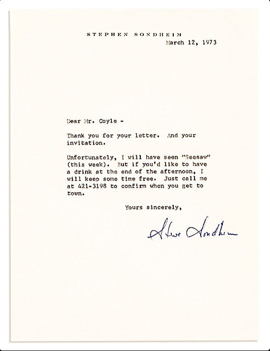 Item #022619 ARCHIVE OF 13 TYPED LETTERS SIGNED (TLSs). Stephen SONDHEIM.