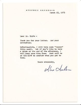 Item #022619 ARCHIVE OF 13 TYPED LETTERS SIGNED (TLSs). Stephen SONDHEIM