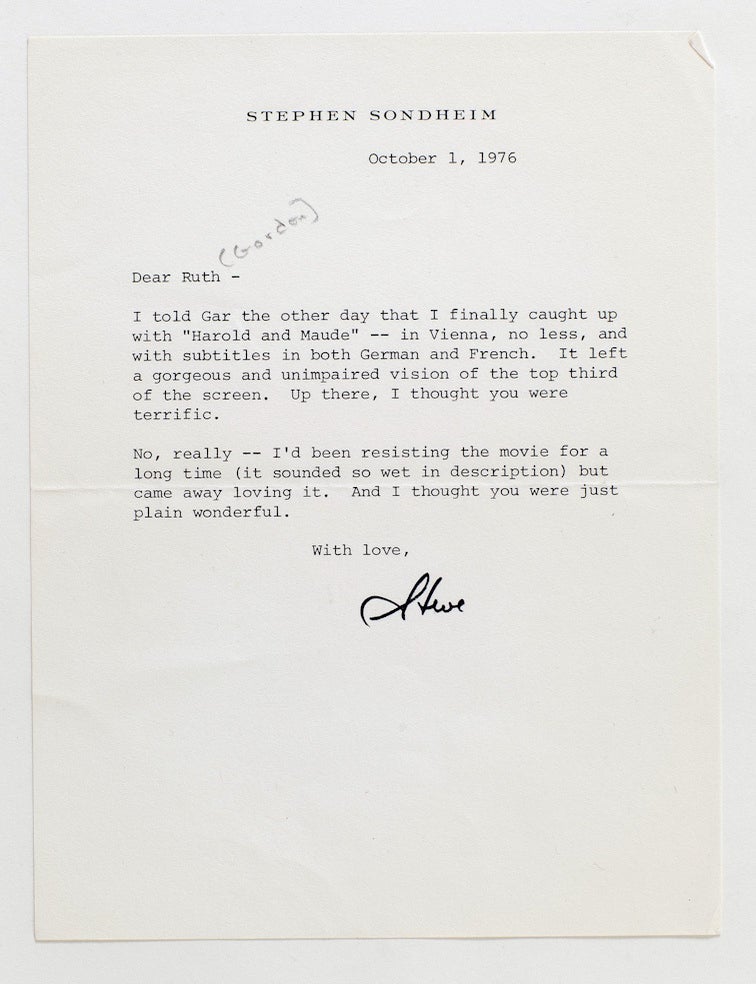 Item #022620 TYPED LETTER SIGNED (TLS) to Ruth Gordon on HAROLD AND MAUDE. Stephen SONDHEIM.