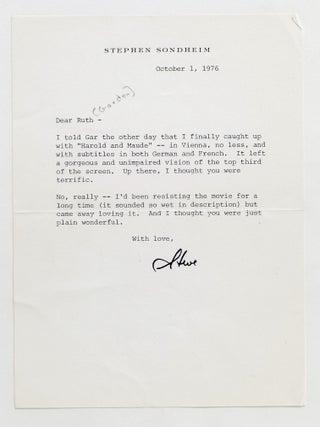 TYPED LETTER SIGNED (TLS) to Ruth Gordon on HAROLD AND MAUDE